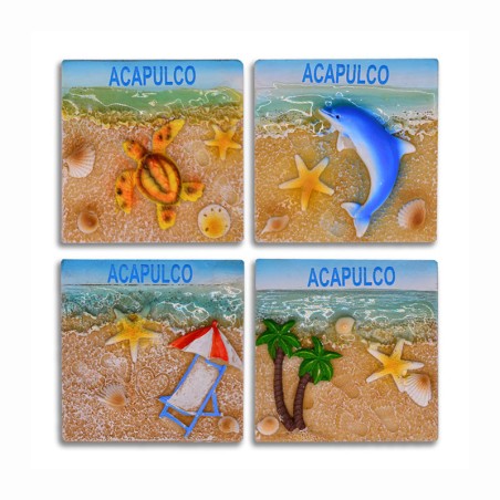 4 magnetos de resina en cuadrados con ilustraciones de playa