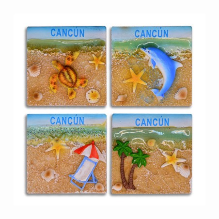 4 magnetos de resina cuadrados con ilustraciones de playa