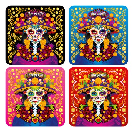 Set de 4 portavasos catrina, tipico del dia de muertos en Mexico, souvenir y recuerdo de Cozumel