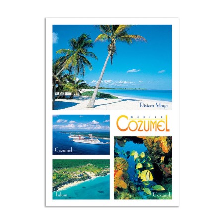 Tarjeta postal con vista  de la Riviera Maya, Cozumel, Tulum y los Arrecifes, souvenir y recuerdo de Mexico