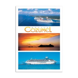 Tarjeta postal con 3 vistas de cruceros, souvenir y recuerdo de Cozumel, Mexico