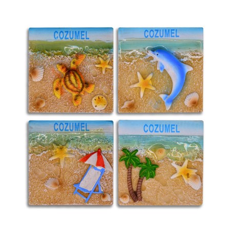 4 magnetos de resina cuadrados tema playa, souvenir y recuerdo de Cozumel, Mexico.