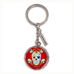 Llavero corcholata de metal calavera, Souvenir de Guadalajara, Mexico.