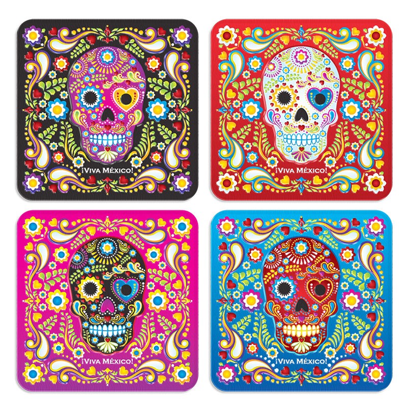 Set de 4 portavasos calavera, típico del día de muertos en México, Recuerdo de Guadalajara.