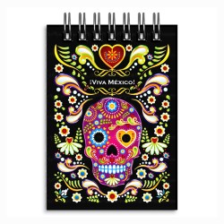 Libreta de apunte con ilustracion de una calavera, típica del día de muertos. Souvenir y recuerdo de Huatulco, México