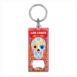 Llavero destapador de metal con calavera. Souvenir de Los Cabos, México