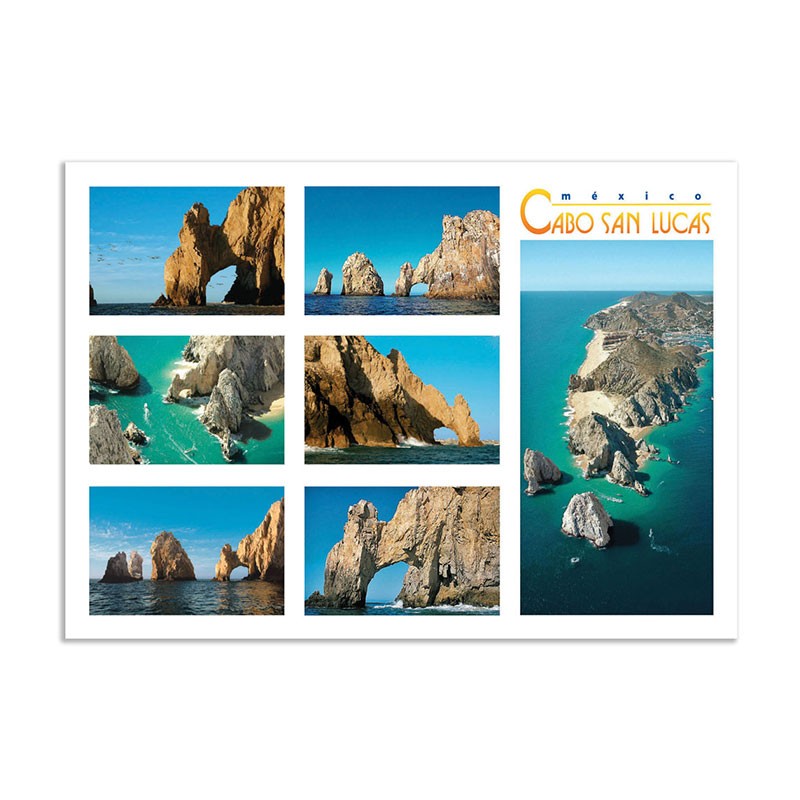 Tarjeta postal con varias vistas del Arco de Cabo San Lucas, souvenir y recuerdo de Los Cabos, México