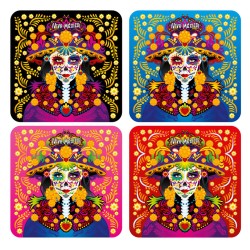 Set de 4 portavasos catrina, tipico del dia de muertos en Mexico, souvenir y recuerdo de Merida