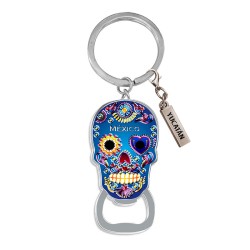 Llavero destapador de metal en forma de calavera. Souvenir de la península de Yucatán, México.