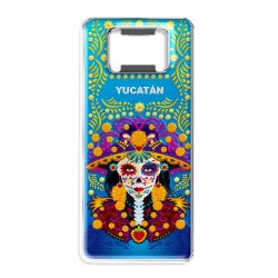 Destapador de metal con una catrina. Souvenir de la península de Yucatán, México.