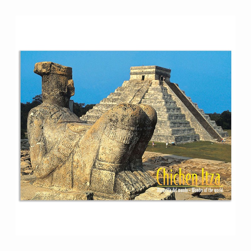 Tarjeta postal con la Pirámide de Chichen Itza, souvenir y recuerdo de Merida, Yucatan, Mexico.