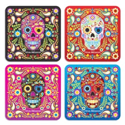 Set de 4 portavasos calavera, típico del día de muertos en México, Recuerdo de Oaxaca,Mexico.