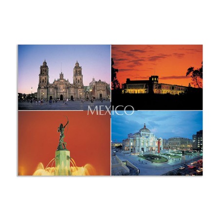 Tarjeta postal con 4 vistas de noche, souvenir y recuerdo de Mexico.