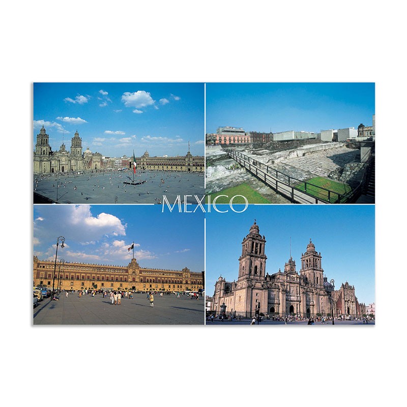 Tarjeta postal con varias vistas del zocalo, souvenir y recuerdo Mexico.