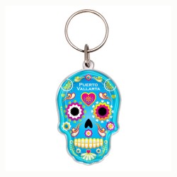 Llavero de acrílico en forma de calavera, típico de la tradición del día de muertos en México. Souvenir de Puerto Vallarta, Méxi