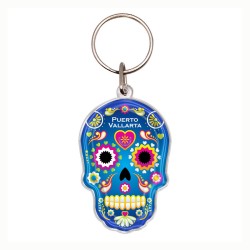 Llavero de acrílico en forma de calavera, típico de la tradición del día de muertos en México. Souvenir de Puerto Vallarta, Méxi