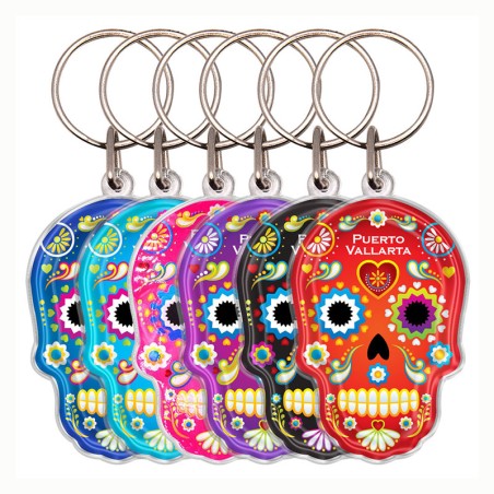 Llavero de acrílico en forma de calavera, típico de la tradición del día de muertos en México. Souvenir de Puerto Vallarta, Méxi